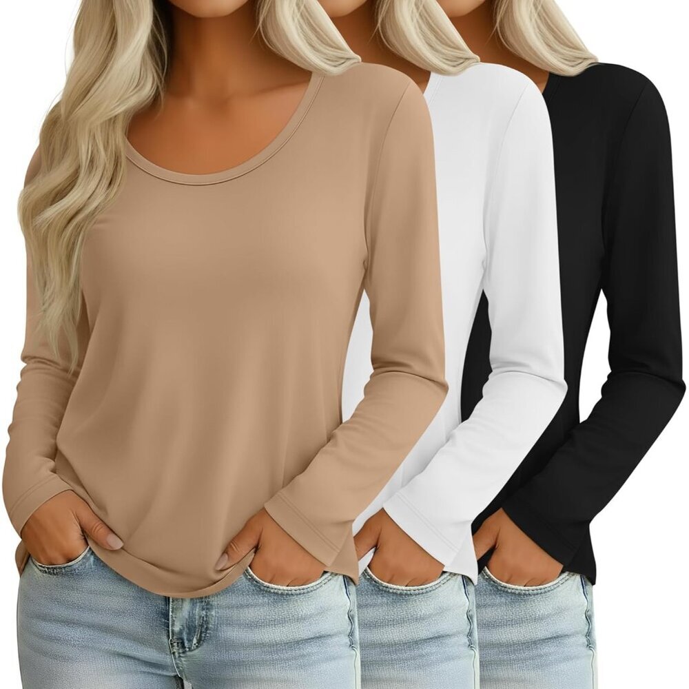 Women's Long Sleeve Basic Tops 3 Pack Solid Fabric Casual Soft Comfortable